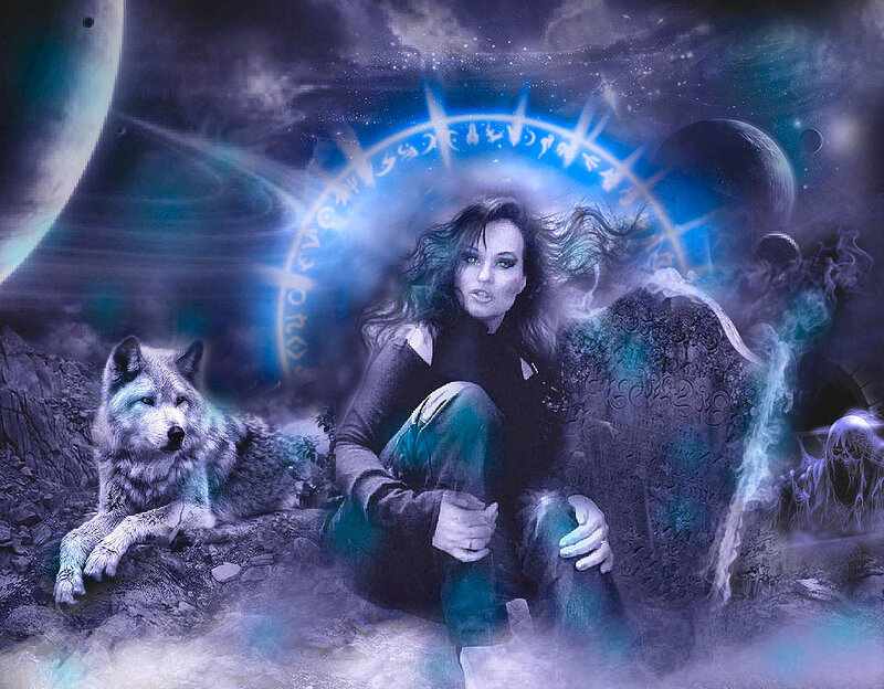 Woman with Wolf — Blue, Mystical