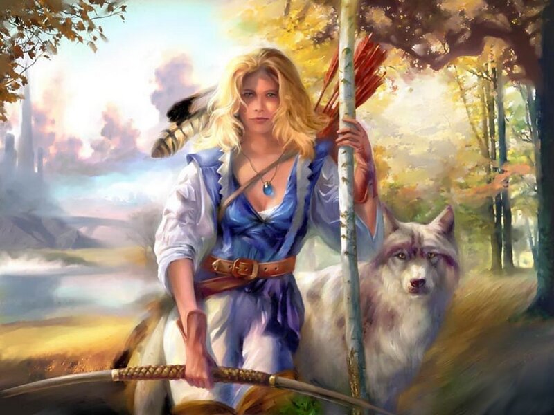 Woman with Wolf — Blue, Serene, Autumn, Digital Art, Bow, Arrow