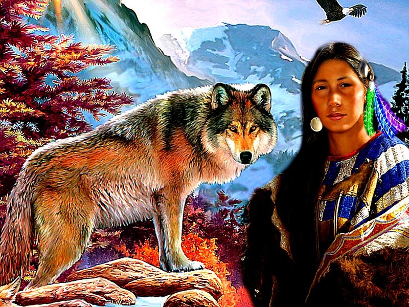 Woman with Wolf — Blue, Serene
