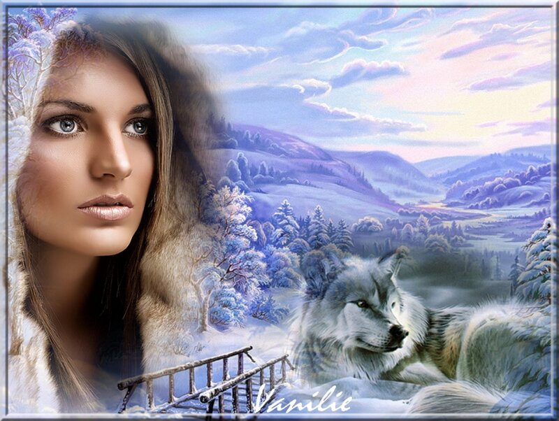 Woman with Wolf — Blue, Serene, Winter