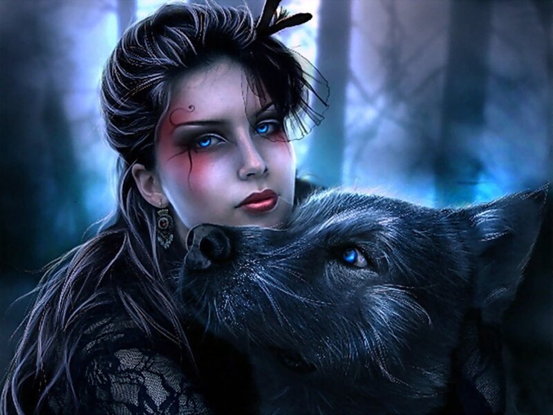 Woman with Wolf — Blue