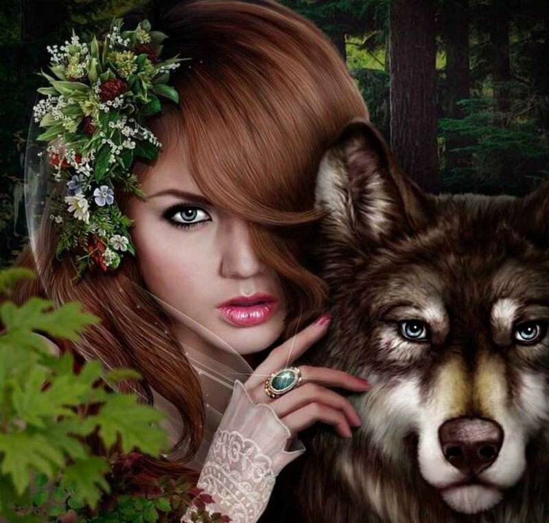 Woman with Wolf — Brown, Dramatic, Digital Art, Flower Crown