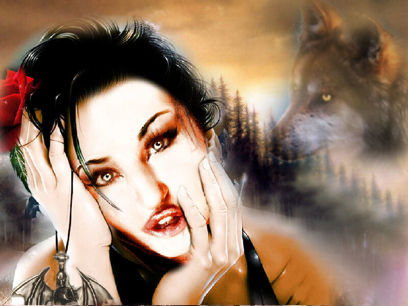 Woman with Wolf — Brown, Dramatic, Sunset