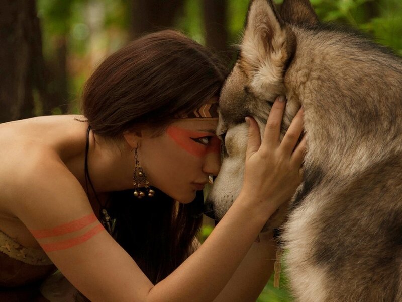Woman with Wolf — Brown, Serene, Afternoon, Photograph, Face Paint