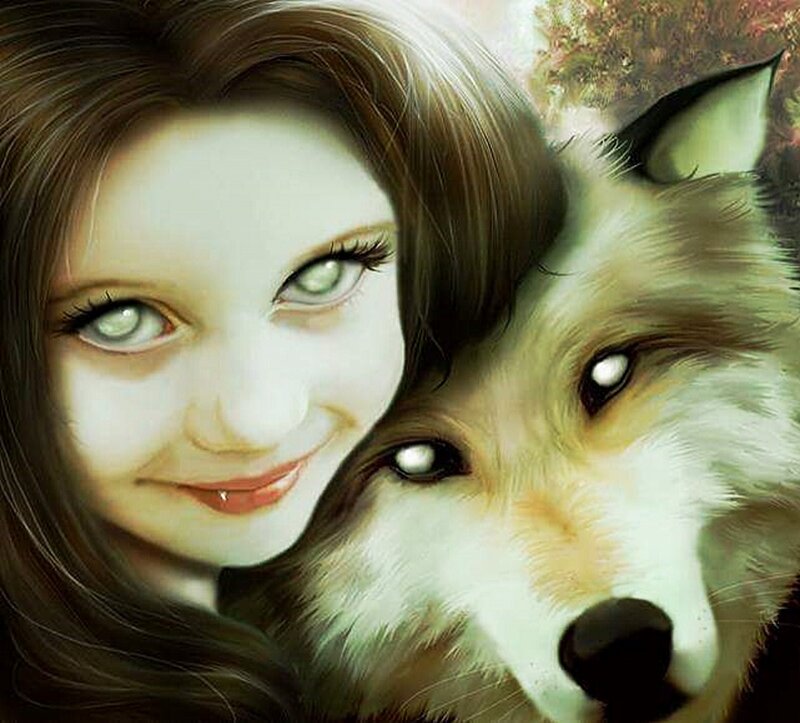 Woman with Wolf — Brown, Serene, Digital Art