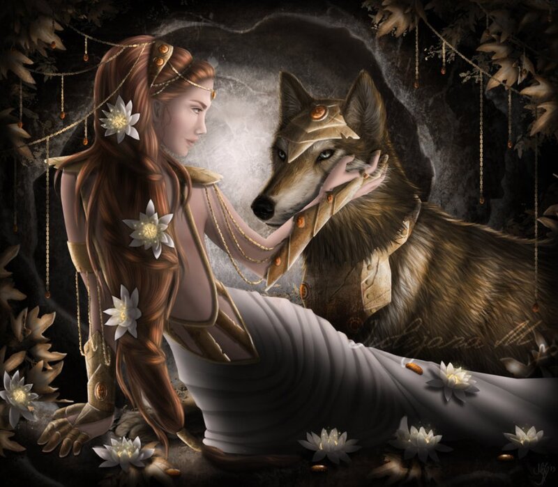 Woman with Wolf — Brown, Serene, Night