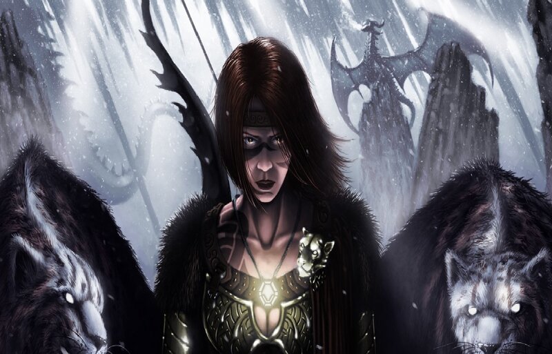 Woman with Wolf Companions
