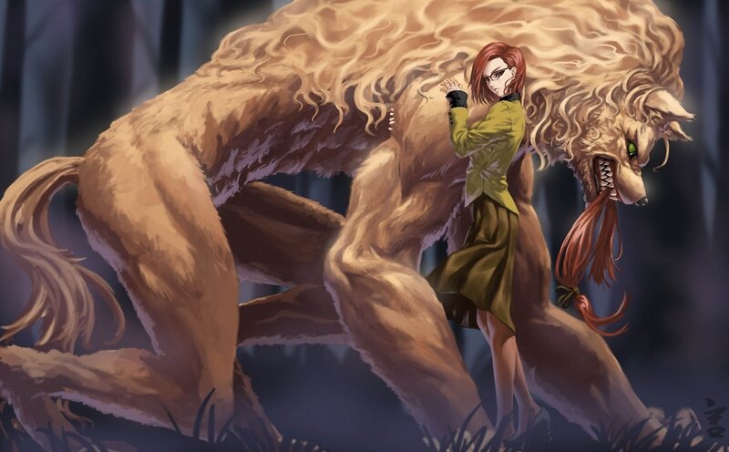 Woman with Wolf Creature — Brown, Dramatic