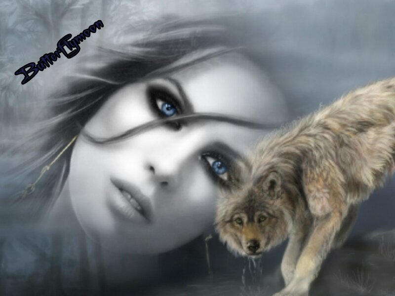 Woman with Wolf — Gray, Dramatic, Digital Art, Blue Eyes