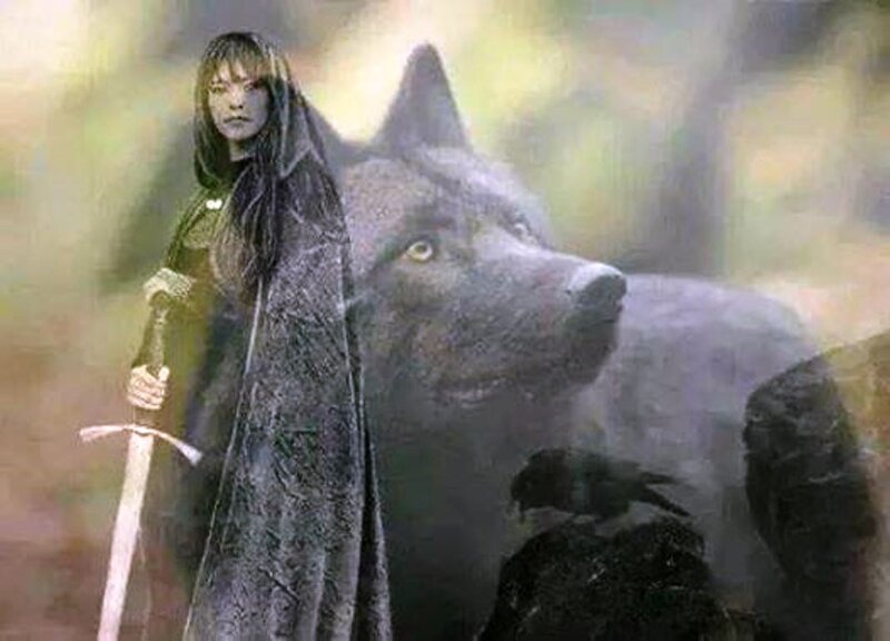 Woman with Wolf — Gray, Dramatic, Digital Art