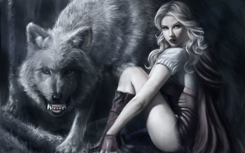 Woman with Wolf — Gray, Dramatic, Night, Digital Art, Cape