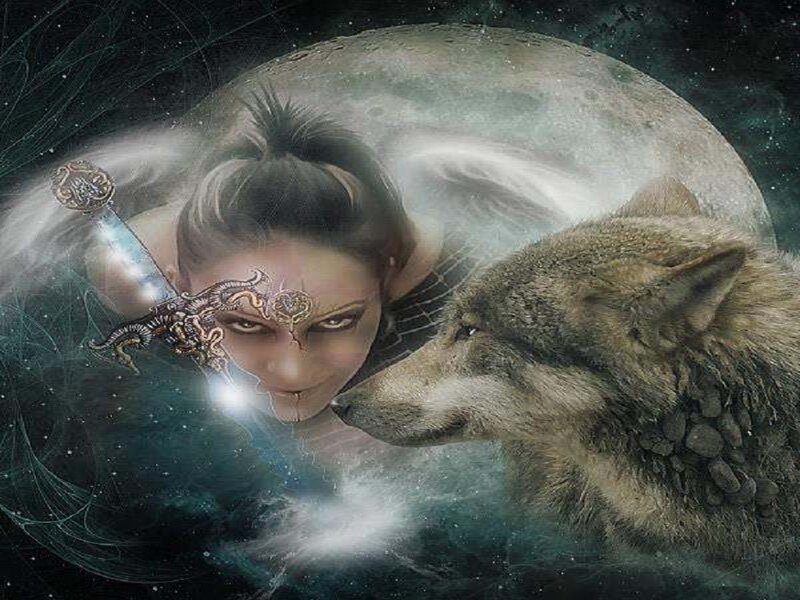 Woman with Wolf — Gray, Dramatic, Night