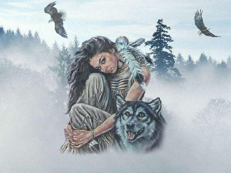 Woman with Wolf — Gray, Serene