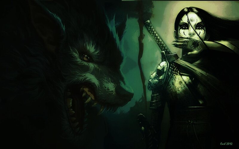 Woman with Wolf — Green, Dark