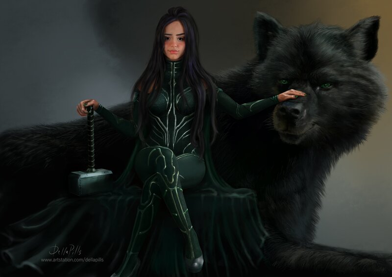 Woman with Wolf — Green, Dramatic, Digital Art