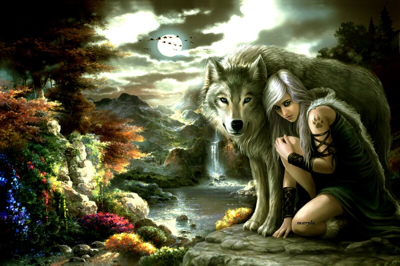 Woman with Wolf — Green, Dramatic, Night