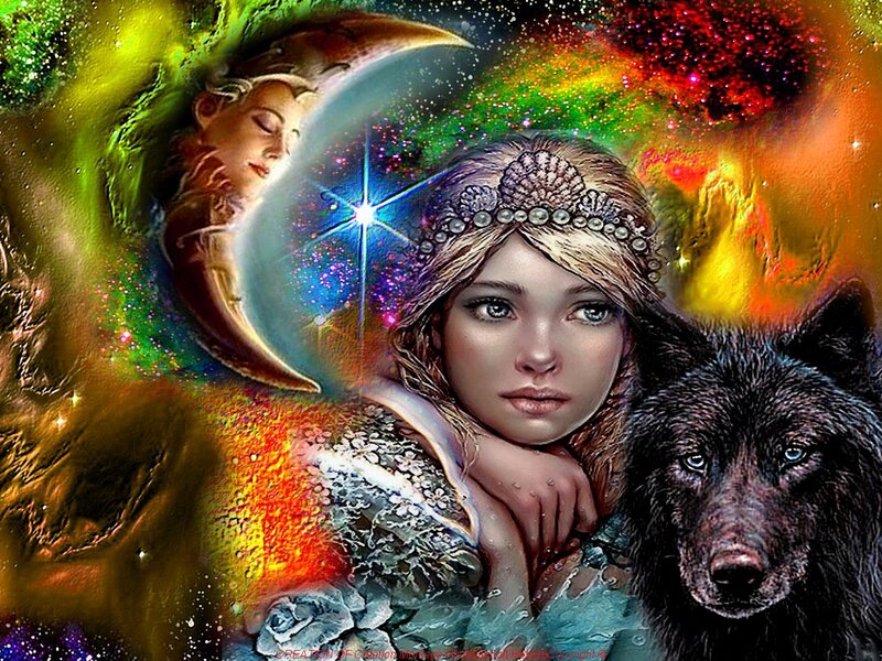 Woman with Wolf — Green, Fantasy