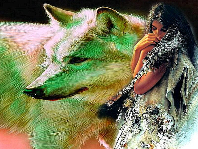 Woman with Wolf — Green, Serene, Digital Art