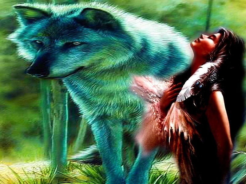 Woman with Wolf — Green, Serene