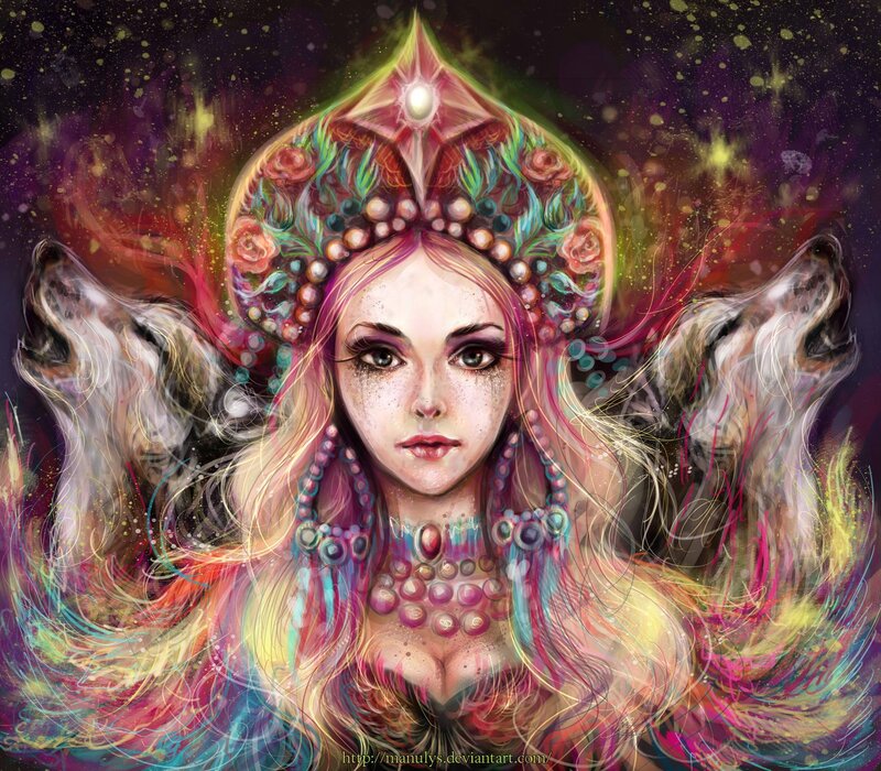 Woman with Wolf Heads — Purple