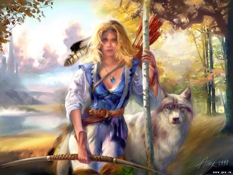 Woman with wolf in autumn forest