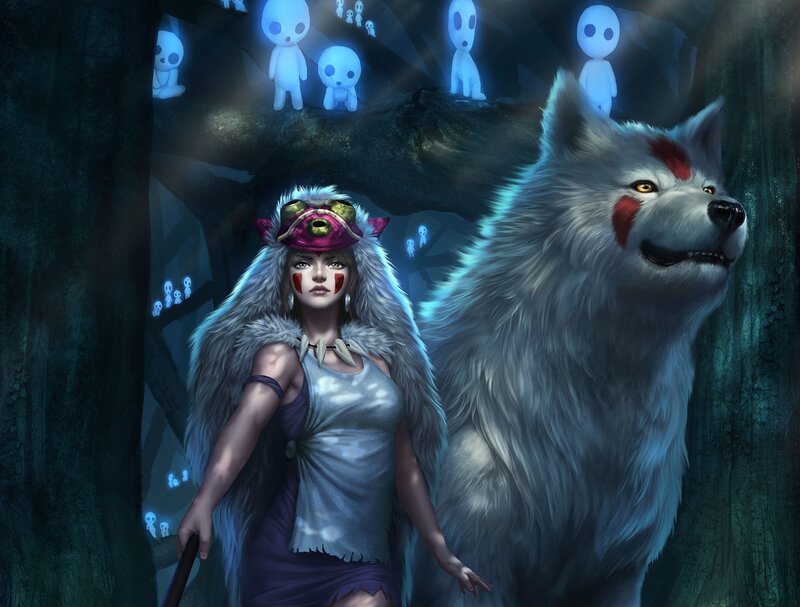 Woman with Wolf in Cave — Blue