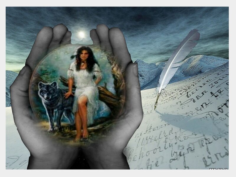 woman with wolf in crystal ball