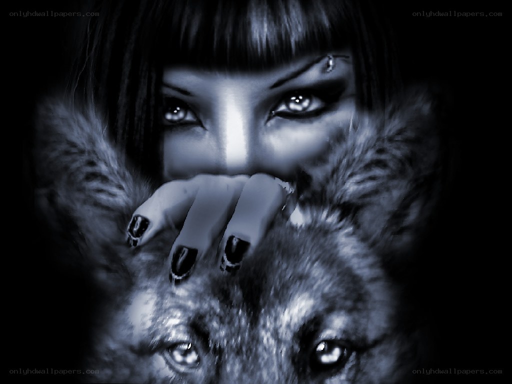 woman with wolf in dark setting