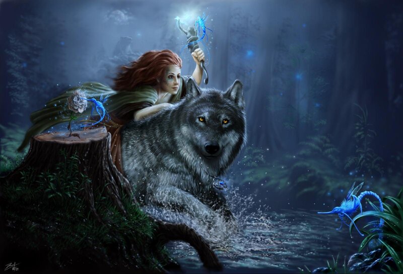 Woman with wolf in forest