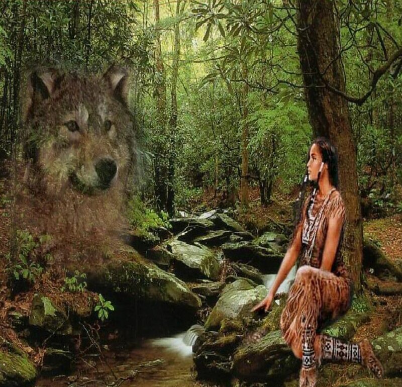 woman with wolf in forest