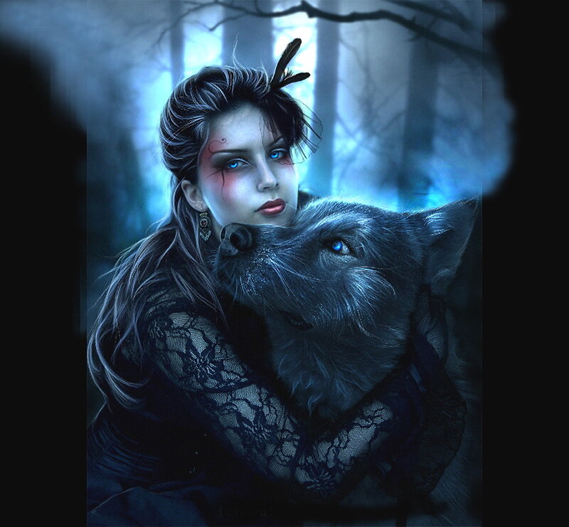 woman with wolf in forest