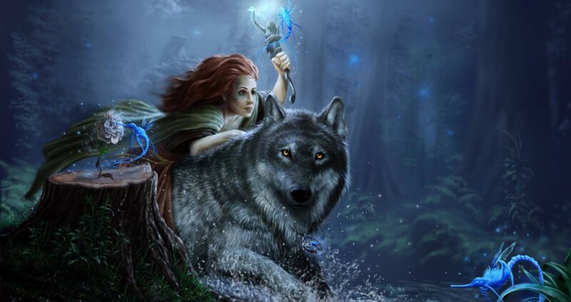 woman with wolf in forest