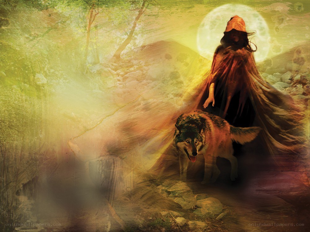woman with wolf in forest