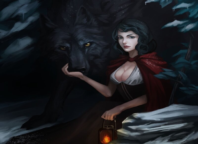 Woman with Wolf in Forest — Black, Dramatic, Night, Digital Art