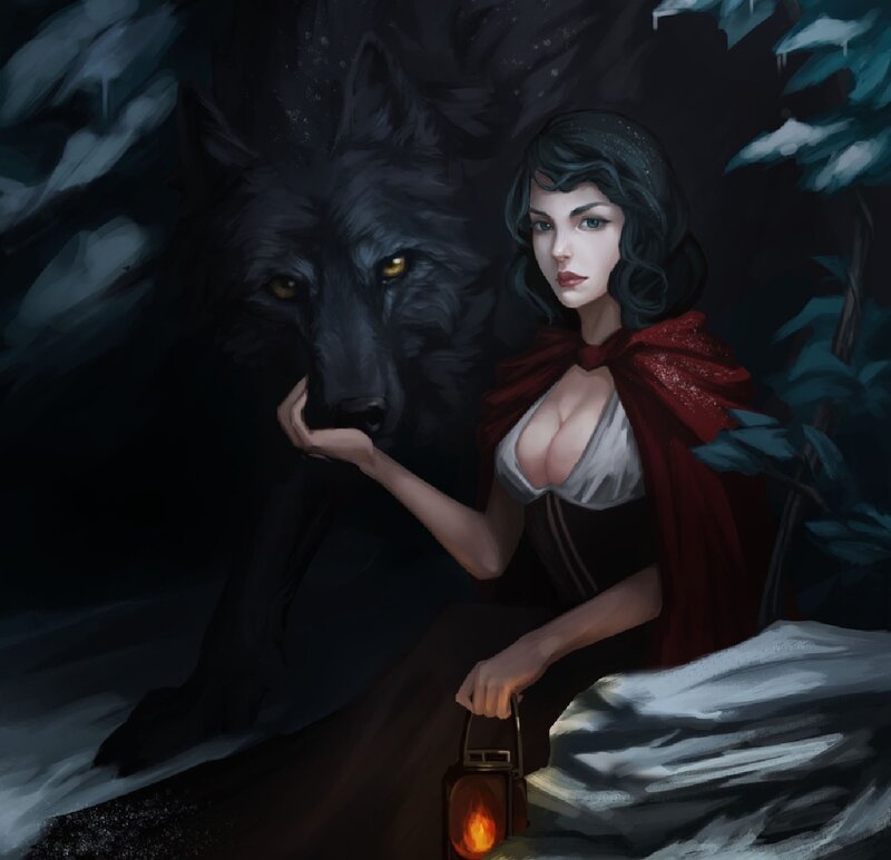 Woman with Wolf in Forest — Black, Dramatic, Night