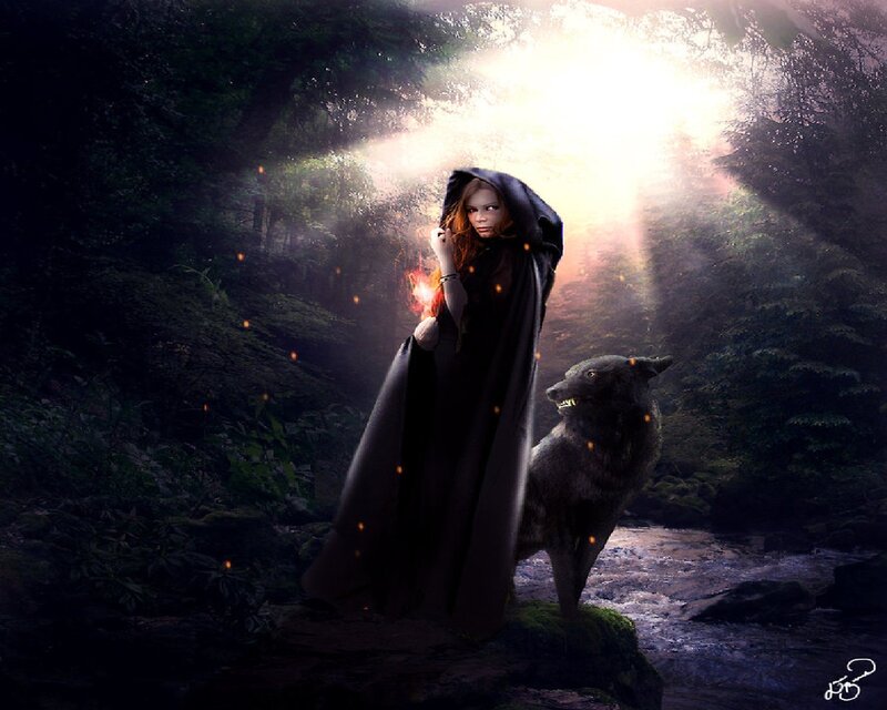 Woman with Wolf in Forest — Black, Dramatic