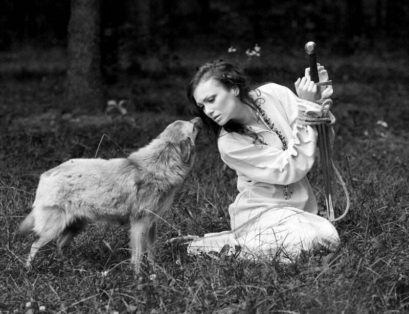 Woman with Wolf in Forest — Black