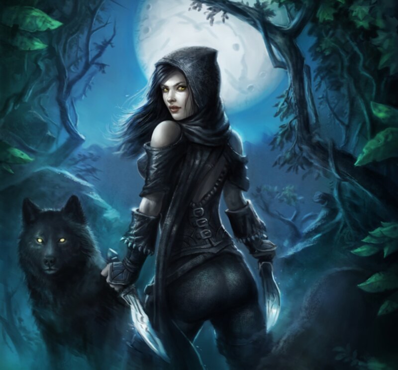 Woman with Wolf in Forest — Blue, Dramatic