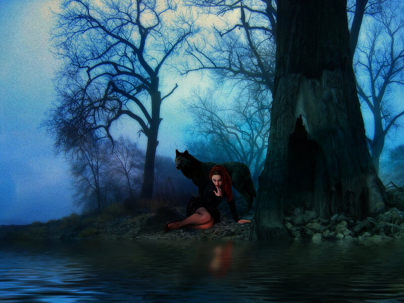 Woman with Wolf in Forest — Blue, Mysterious