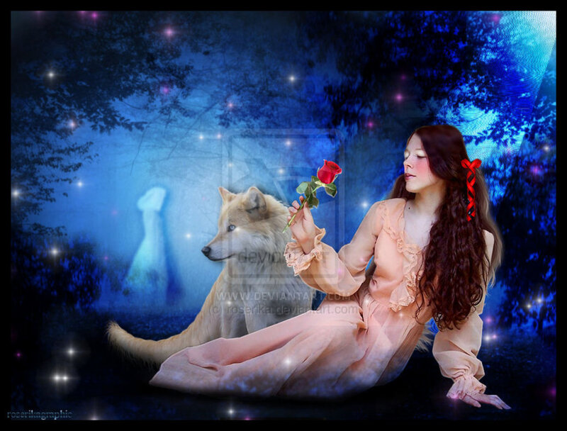 Woman with Wolf in Forest — Blue, Serene