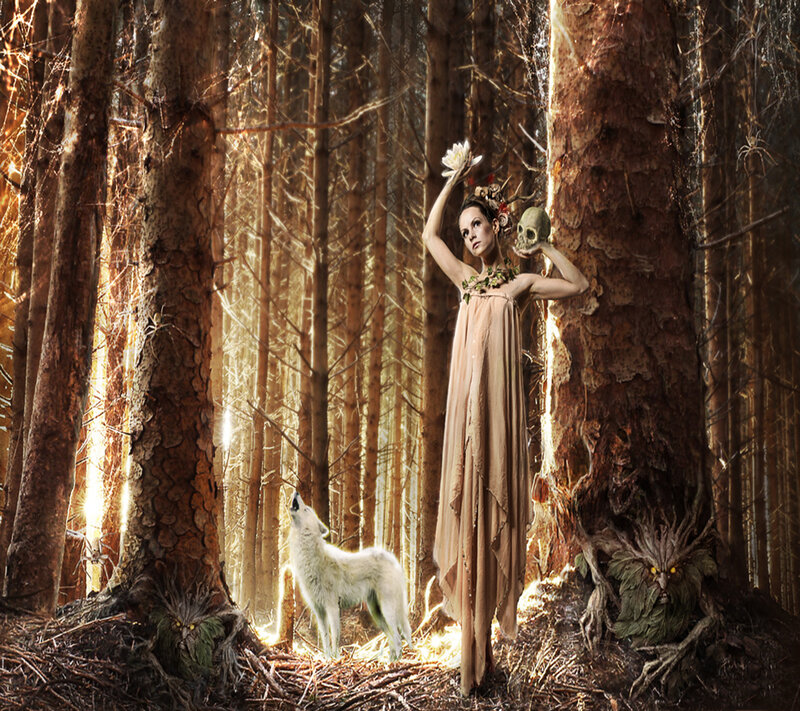 Woman with Wolf in Forest — Brown, Dramatic