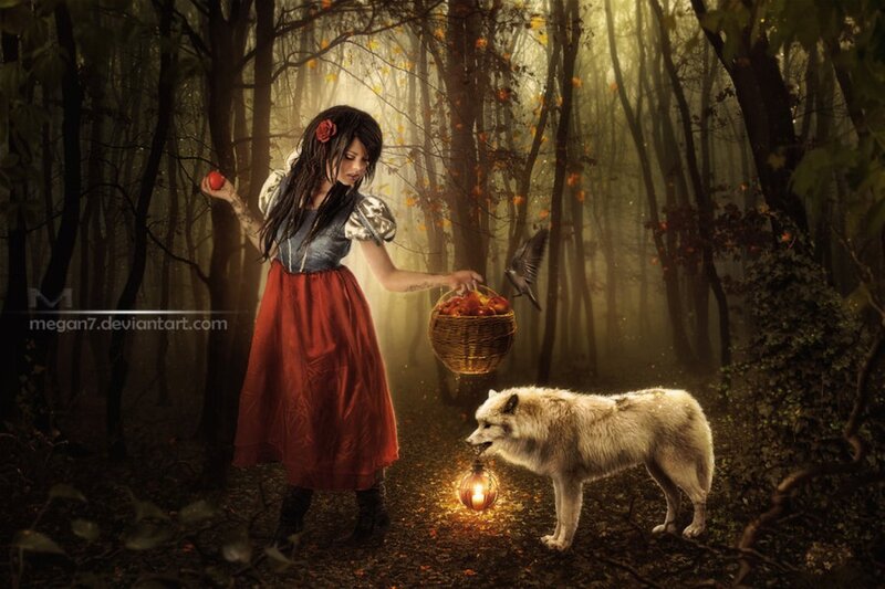 Woman with Wolf in Forest — Brown, Mysterious