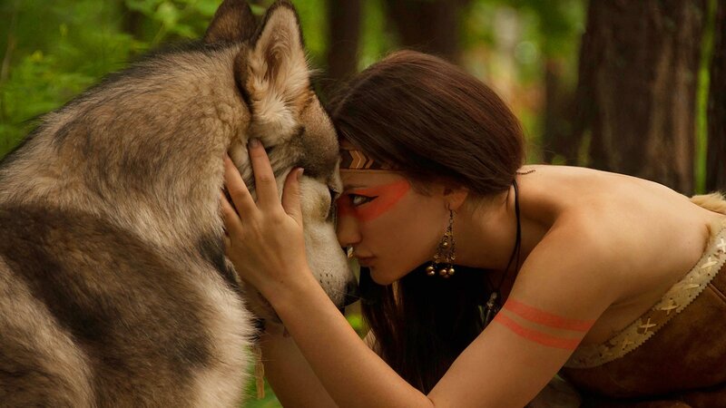 Woman with Wolf in Forest — Brown, Serene