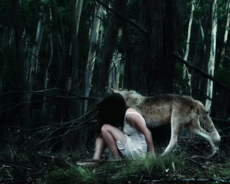 Woman with Wolf in Forest — Green, Dark