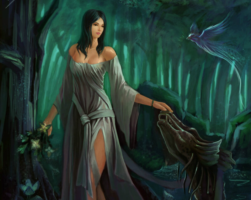 Woman with Wolf in Forest — Green, Mystical
