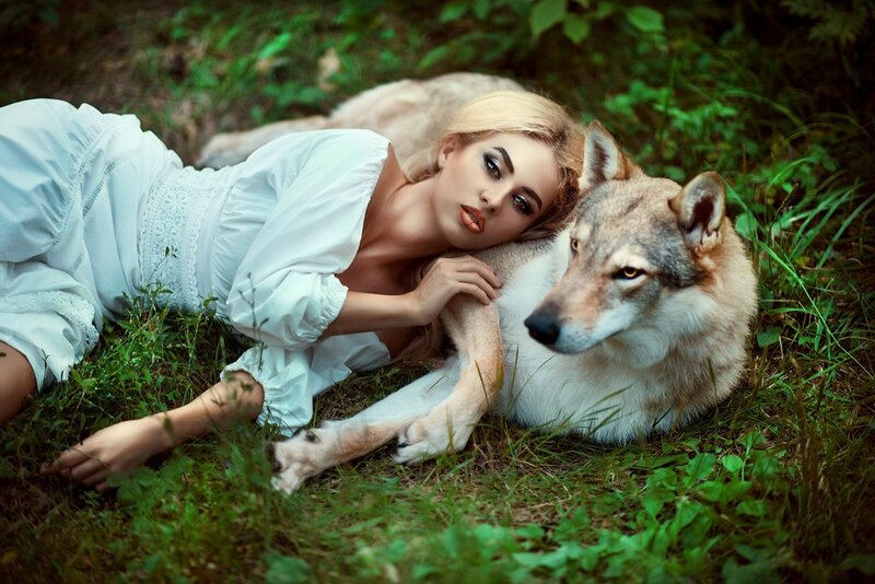 Woman with Wolf in Forest — Green, Serene, Afternoon, Photograph