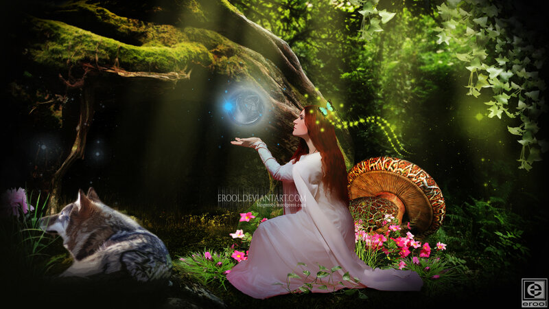 Woman with Wolf in Forest — Green, Serene