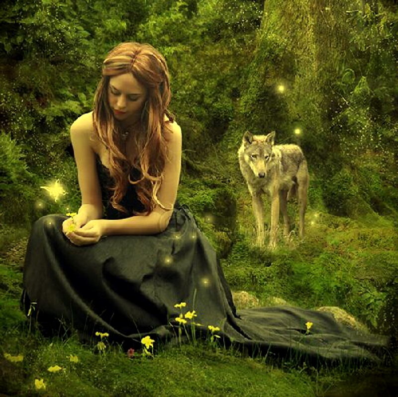 Woman with Wolf in Forest — Green