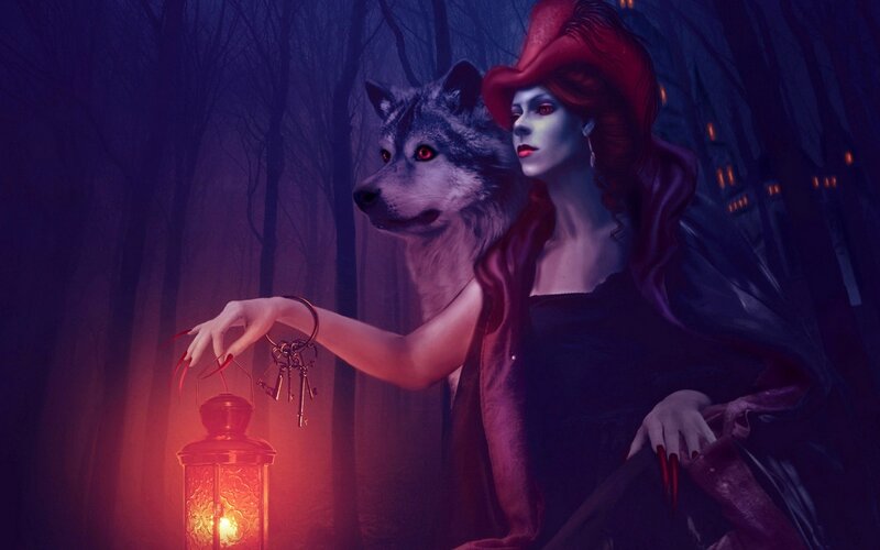 Woman with Wolf in Forest — Purple, Dark, Night, Digital Art, Lantern, Keys