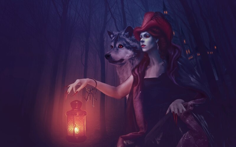 Woman with Wolf in Forest — Purple, Dark, Night